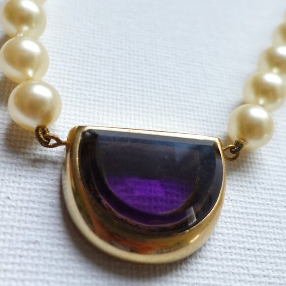 Vintage Faux Pearl Necklace with Purple Stone Accent - Picture 2 of 7